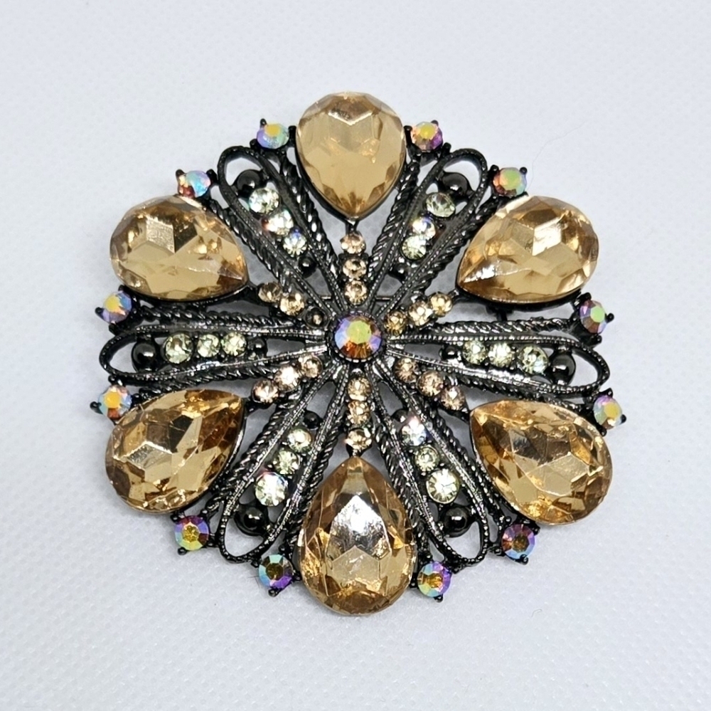Vintage Rhinestone Floral Brooch Gold Black Statement Pin Large